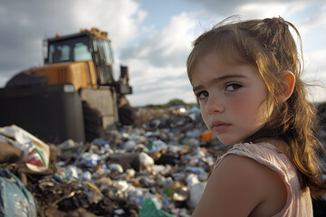 Young girl at landfill site with bulldozer in background, highlighting environmental impact and waste management issues, symbolizing poverty, pollution, and social awareness