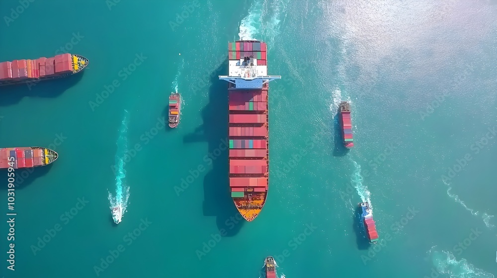 Poster multiple cargo ships including container vessels tankers and bulk carriers are passing through a bus