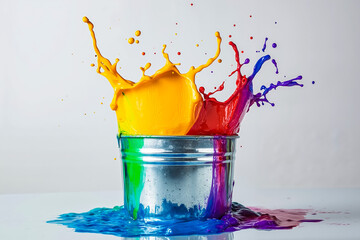 A bucket filled with colorful paint splashing out of it