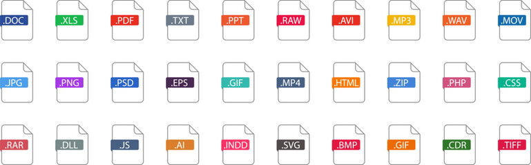 List of Document File Types and Extensions. Set of pdf, doc, jpg, xls, zip. Graphic templates for ui. Common Types of File Formats.