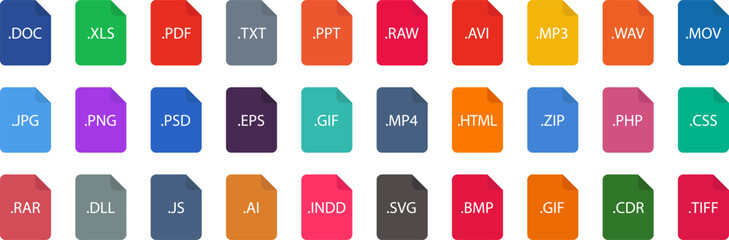 List of Document File Types and Extensions. Set of pdf, doc, jpg, xls, zip. Graphic templates for ui. Common Types of File Formats. © Volodymyr