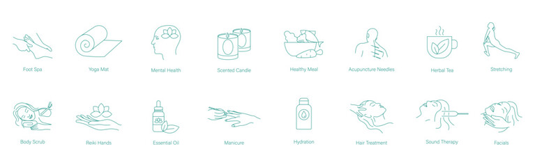 Pedicure, Yoga Mat, Mental Health, Scented Candles, Healthy Foods, Acupuncture, Herbal Tea, Body Stretching, Body Scrub, Reiki Hands, Essential Oil, Manicure, Hydration, Hair Treatment vector icons 