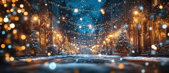Snow falls on a street lined with christmas lights.