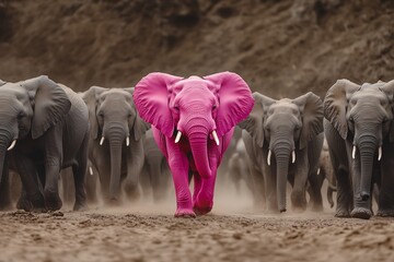 A striking pink elephant stands out among a herd of grey elephants on a dusty terrain. Symbolizing individuality, uniqueness, and distinctiveness