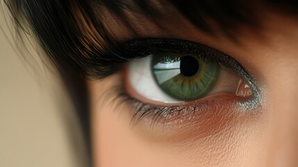 Obraz premium A tight shot of an individual's green-eyed gaze, framed by long, dark hair cascading over their head