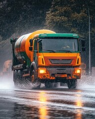 A brightly colored cement truck driving through a rainstorm, water splashing on the road