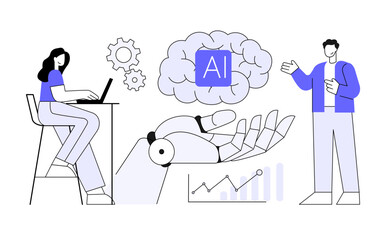 Man and woman talk about how AI works. Bot hand concept idea, flat vector illustration.