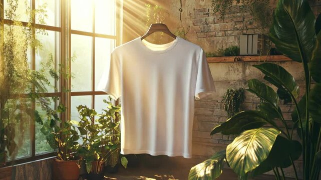 A white t-shirt hangs in the sunlight by a large window, surrounded by plants in a rustic, sun-drenched room
