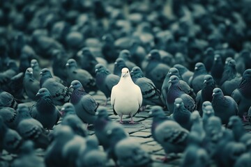 Obraz premium A unique white pigeon stands out amidst a flock of dark pigeons, symbolizing individuality and distinctiveness.