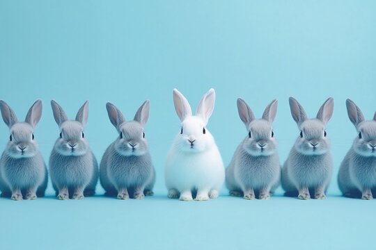 A unique white rabbit stands out among a group of identical gray bunnies on a light blue background. Symbolizing individuality, uniqueness, and distinctiveness