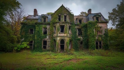 Fototapeta premium An old mansion covered in ivy, windows shattered and doors creaking open, abandoned, ghostly presence