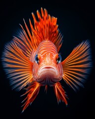 Fototapeta premium the Red Lionfish, portrait view, white copy space on right, Isolated on black Background