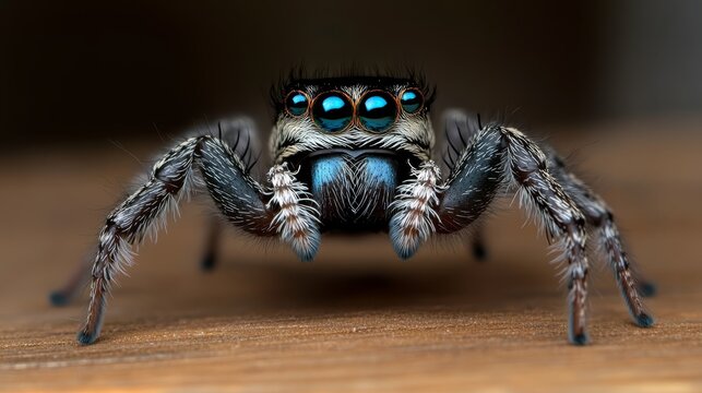  A tight shot of a jumping spider on wood, its leg background softly blurred