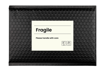 Black bubble mailer png, fragile label, shipping packaging design, transparent background