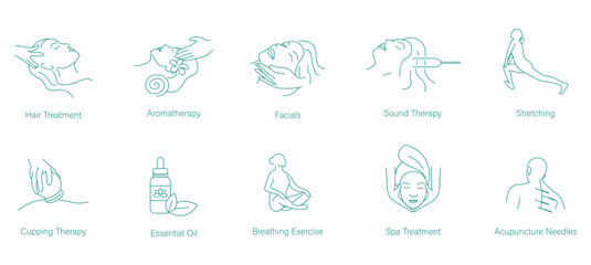 Hair Treatment, Aromatherapy, Facials, Sound Therapy, Stretching, Cupping Treatment, Essential Oil, Meditation, Breathing Exercises, Spa Treatment, and Acupuncture Vector Icons for Relaxation  