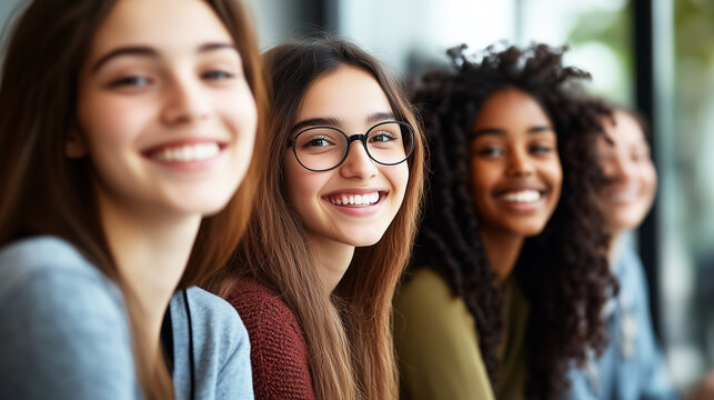 group of four diverse young college girls or university students sitting in a row smiling