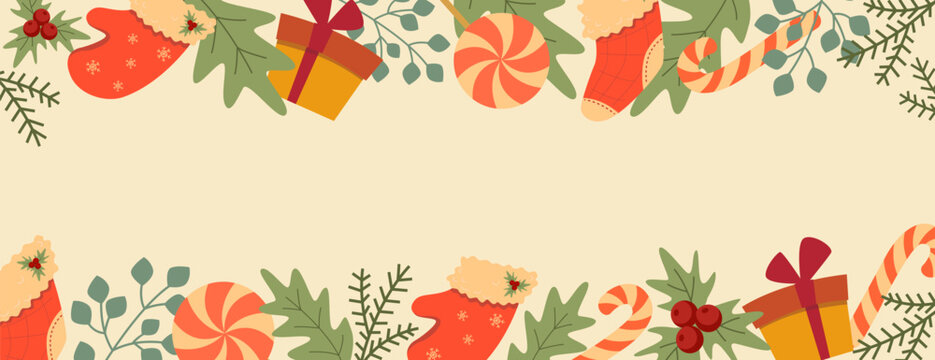 Horizontal vector holiday banner for greeying or invitation. Template for New Year congratulations. Christmas frame with decorations elements. Swetts and gifts and holly branches on a border.