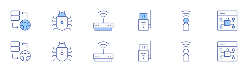 Internet icon set in two styles, Duotone and Thin Line style. Editable stroke. hosting, wireless internet, user, protection, spyware, modem