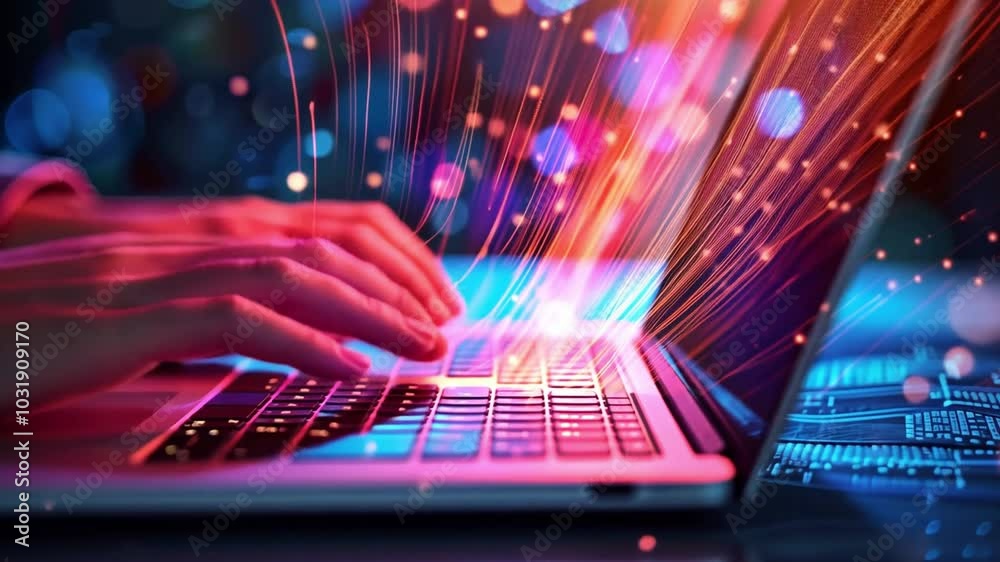 Poster a person is actively typing on a sleek laptop, surrounded by vibrant digital particles that create a