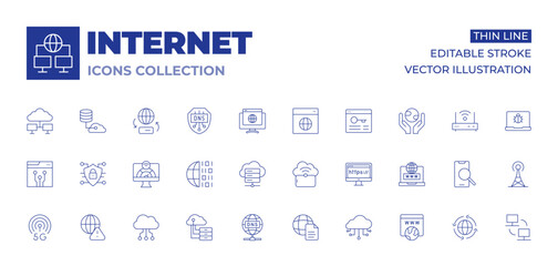 Internet icons collection. Thin Line icons, editable stroke. g, alert, bandwidth, binary, cloud data, cloud server, cryptography, cyber security, cloud storage, cloud, dns, document, domain