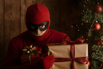 Masked thief in red stealing Christmas presents, holiday crime concept, funny Christmas costume, gift heist by Christmas tree, festive humor, unique holiday photo