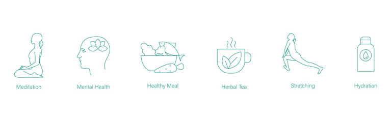 Meditation, Mental Health, Healthy Foods, Herbal Tea, Body Stretching, and Hydration Vector Icons for Wellness and Nutrition