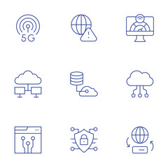 Internet icons set. Thin Line style, editable stroke. g, alert, bandwidth, cloud computing, cloud data, cryptography, cyber security, data transfer.