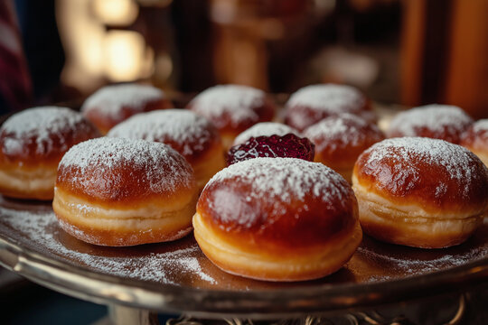 A tray of powdered donuts with a jelly center
