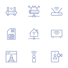 Internet icons set. Thin Line style, editable stroke. router, sim card, smart home, smart tv, under construction, user, video call.