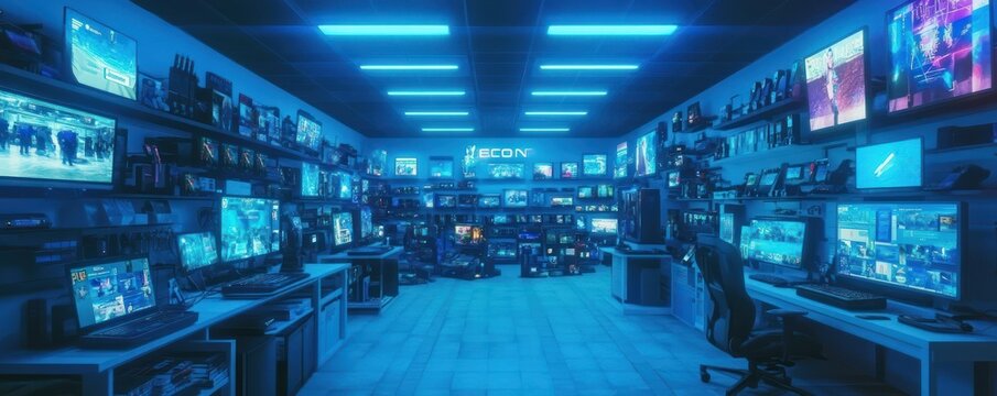 Futuristic Control Room with Neon Blue Lighting and Multiple Monitors Displaying Data