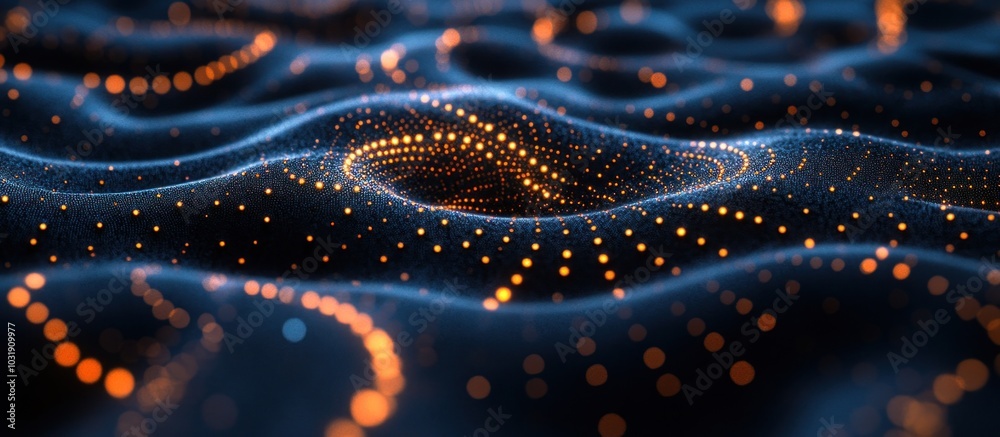 Wall mural abstract digital background with glowing particles forming a wavy pattern with a central vortex.