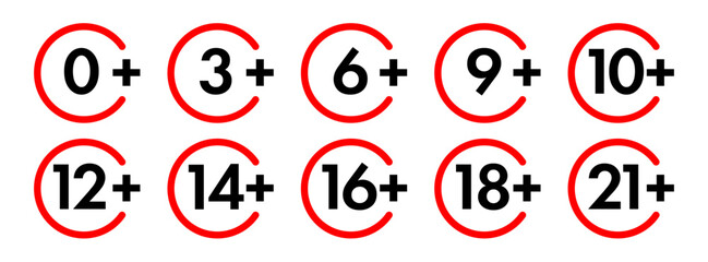 Age limit sign set color style for adults content only age restriction 0, 3, 6, 9, 10, 12, 14, 16, 18, 21 plus years old icon vector 10 eps