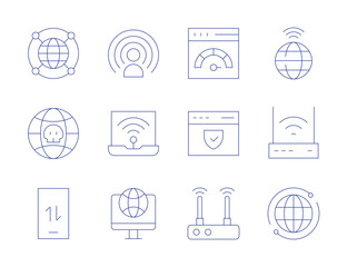 Internet icons. Thin Line style, editable stroke. wifi, world, website, internet, internet security, mobile data, modem, influence