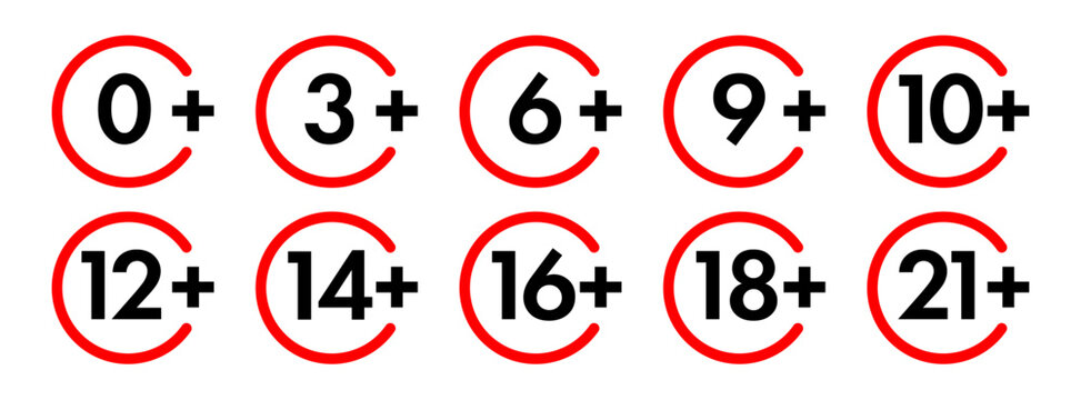 Age limit sign set color style for adults content only age restriction 0, 3, 6, 9, 10, 12, 14, 16, 18, 21 plus years old icon vector 10 eps