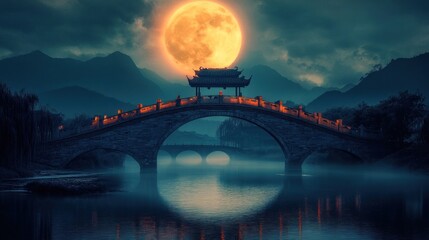 A traditional Chinese bridge with a large full moon in the background, the bridge is over a river with mist.