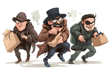 Cartoon illustration of sneaky thieves in various disguises, humorously sneaking with stolen goods, ideal for concepts of crime, mystery, deception, and humorous heist scenes

