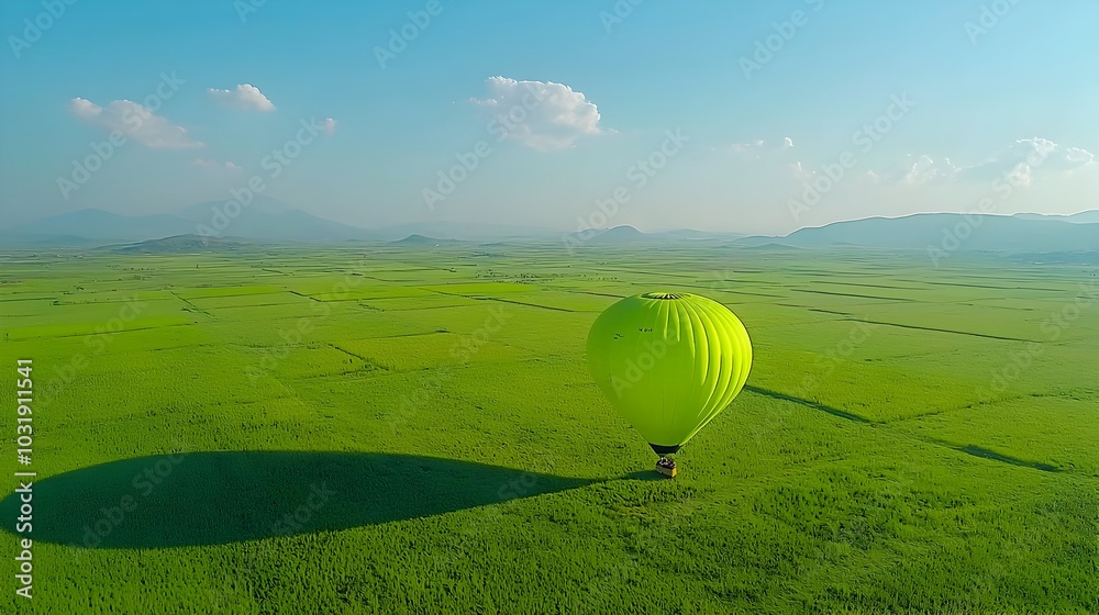 Poster serene aerial view of an air balloon s shadow casting over a lush green countryside landscape creati