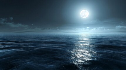 Serene Moonlit Ocean Landscape with Tranquil Waves and Cloudy Sky