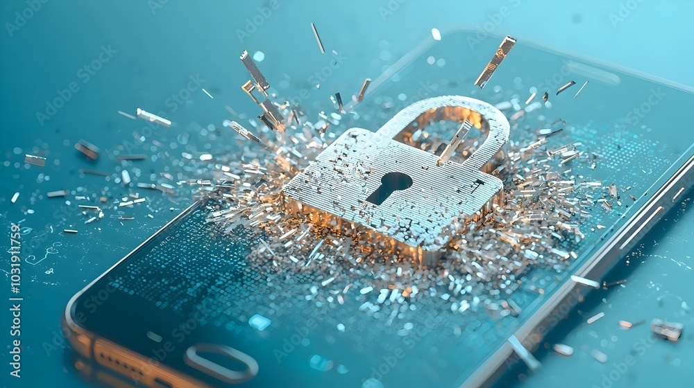 Poster Shattered padlock icon displayed on a smartphone screen symbolizing a digital data breach or security compromise  The image conveys the concept of a compromised system hacked information