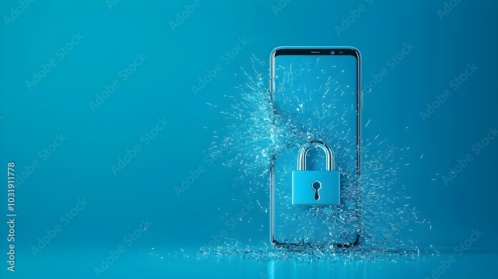 Poster shattered padlock icon on a smartphone screen symbolizing a data leak or breach in digital security 