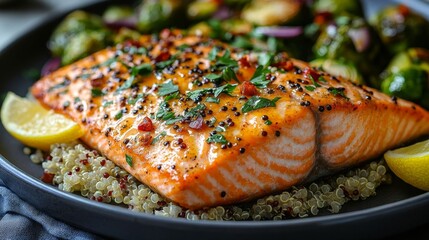 Delicious baked salmon with quinoa and veggies.