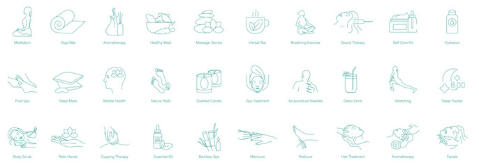 Tea, Meditation, Yoga Mat, Aromatherapy, Healthy Meal, Massage Stone, Herbal Tea, Breathing Exercise, Sound Therapy, Self-Care Kit, Hydration, Foot Spa, Sleep Mask, Mental Health, Nature Walk icons