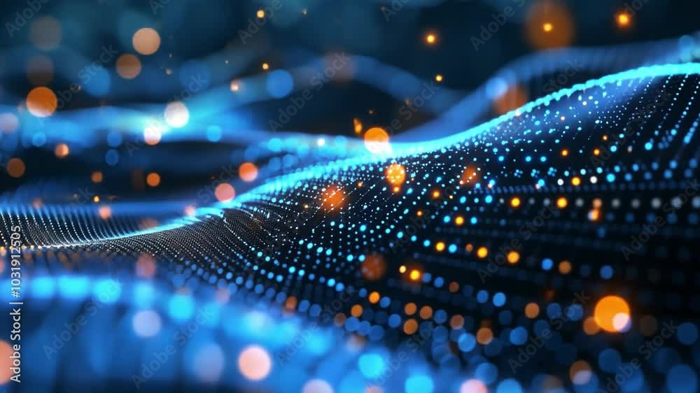 Poster A dynamic representation of glowing blue and orange dots forms wave patterns that create a captivating technological backdrop, emphasizing depth and movement.