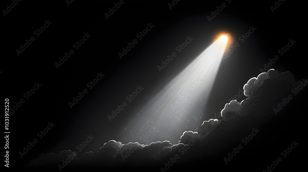 Poster Single ray of sunlight dramatically piercing through dark moody clouds in the sky creating a powerful symbol of and light breaking through the darkness