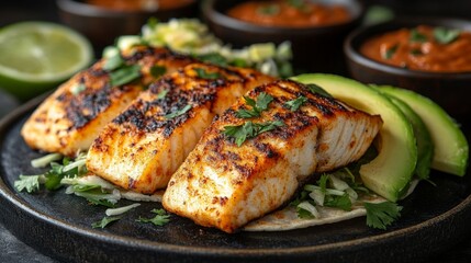Grilled fish tacos with avocado and lime.