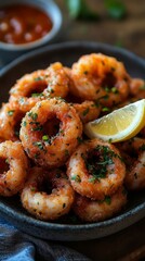 Plate of crispy fried calamari with lemon.