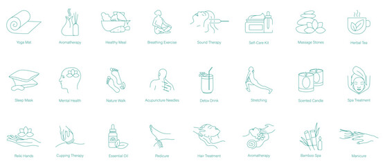 Yoga Mat, Aromatherapy, Healthy Meal, Breathing Exercises, Sound Therapy, Self-Care Kit, Massage Stone, Herbal Tea, Sleep Mask, Mental Health, Nature Walk, Acupuncture, Detox Drink, Stretching icons