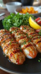 Grilled langoustines beautifully plated with herbs.