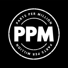 PPM Parts Per Million - number of units of mass of a contaminant per million units of total mass, acronym text stamp concept background