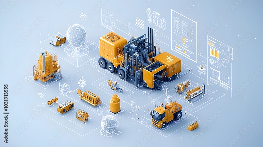 Fototapete Smart Factory with IoT Sensors Attached to Heavy Machinery for Real Time Monitoring and Data Analysis to Optimize Industrial Processes and Increase Production Efficiency